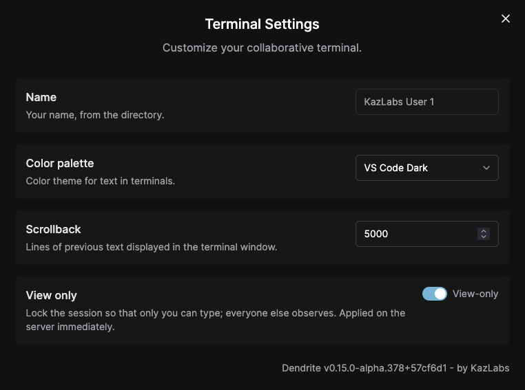Dendrite terminal settings: display name, colour palette, scrollback, and view-only toggle